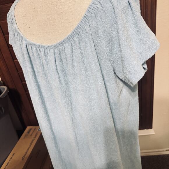 Vintage 70s Terry Cloth Robe Caftan House Dress Swan Pocket Lounge XL Blue USA - Picture 5 of 6